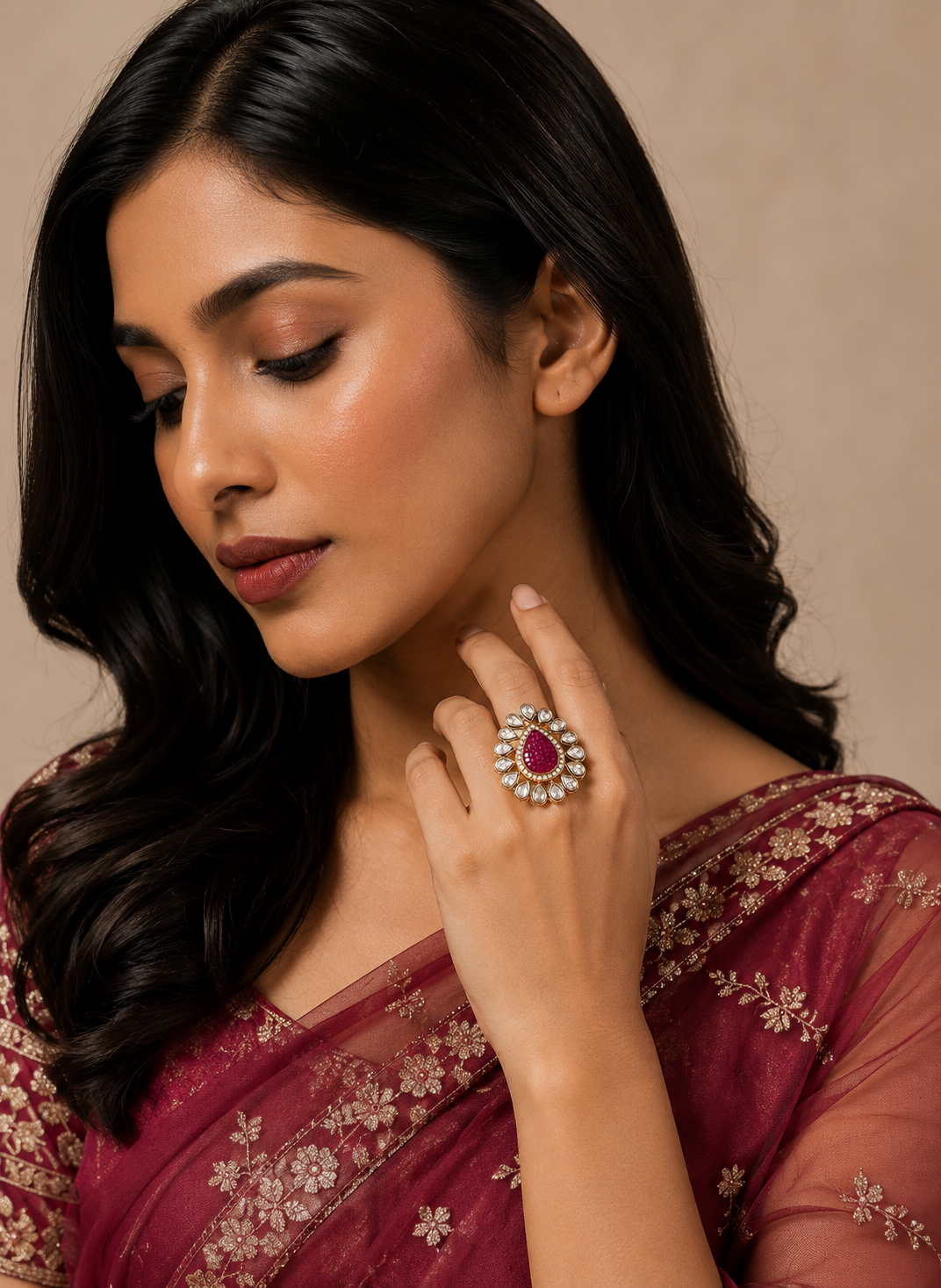 Ruby Teardrop Kundan Statement Ring