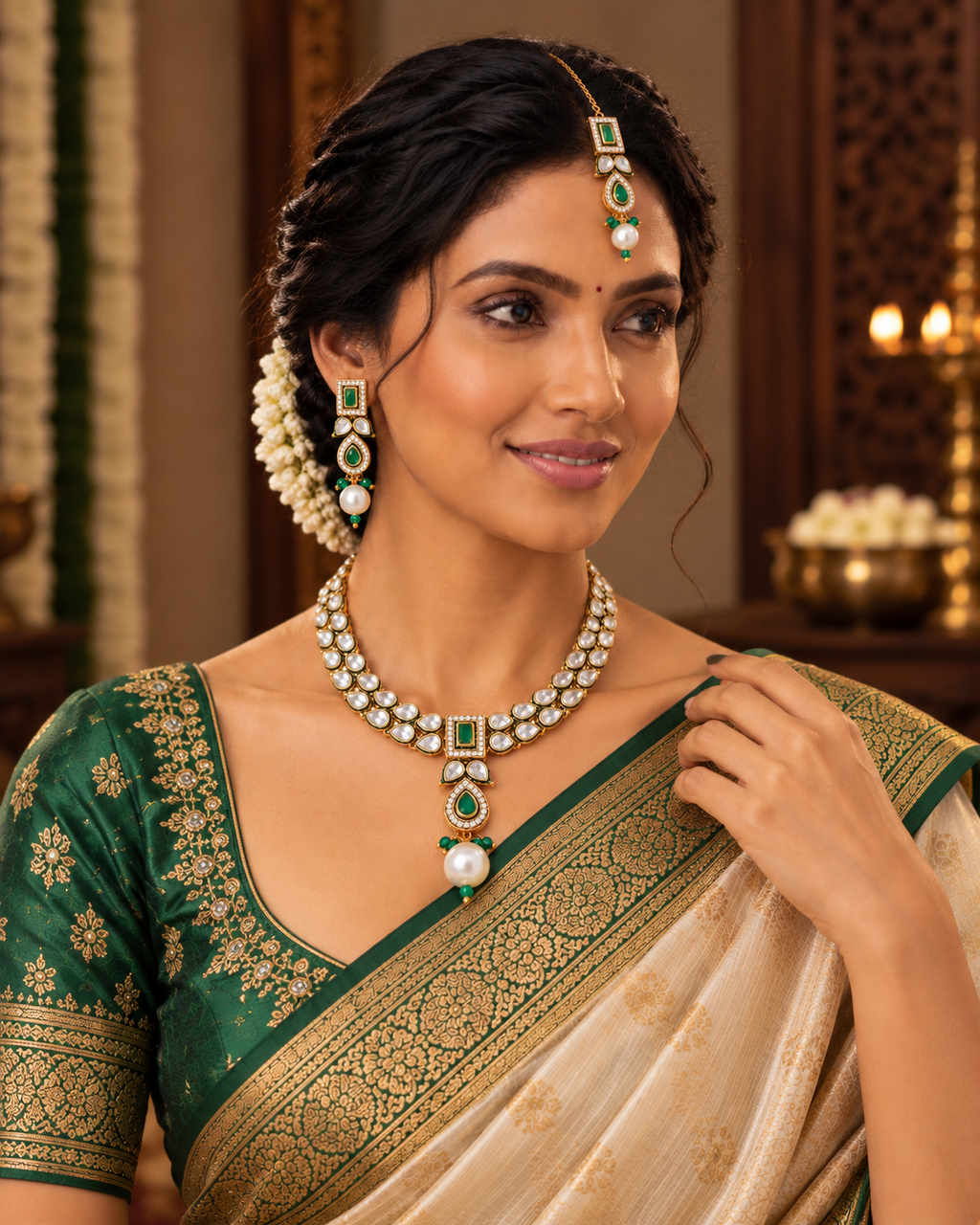 Vasundhara Emerald Kundan Pearl Necklace Set