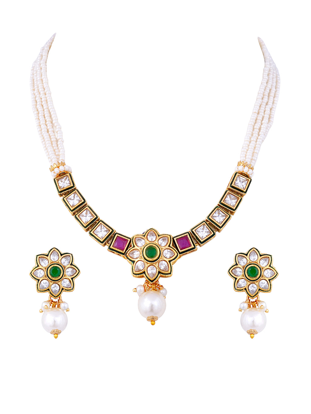 Emerald Ruby Kundan Polki Pearl Necklace Set
