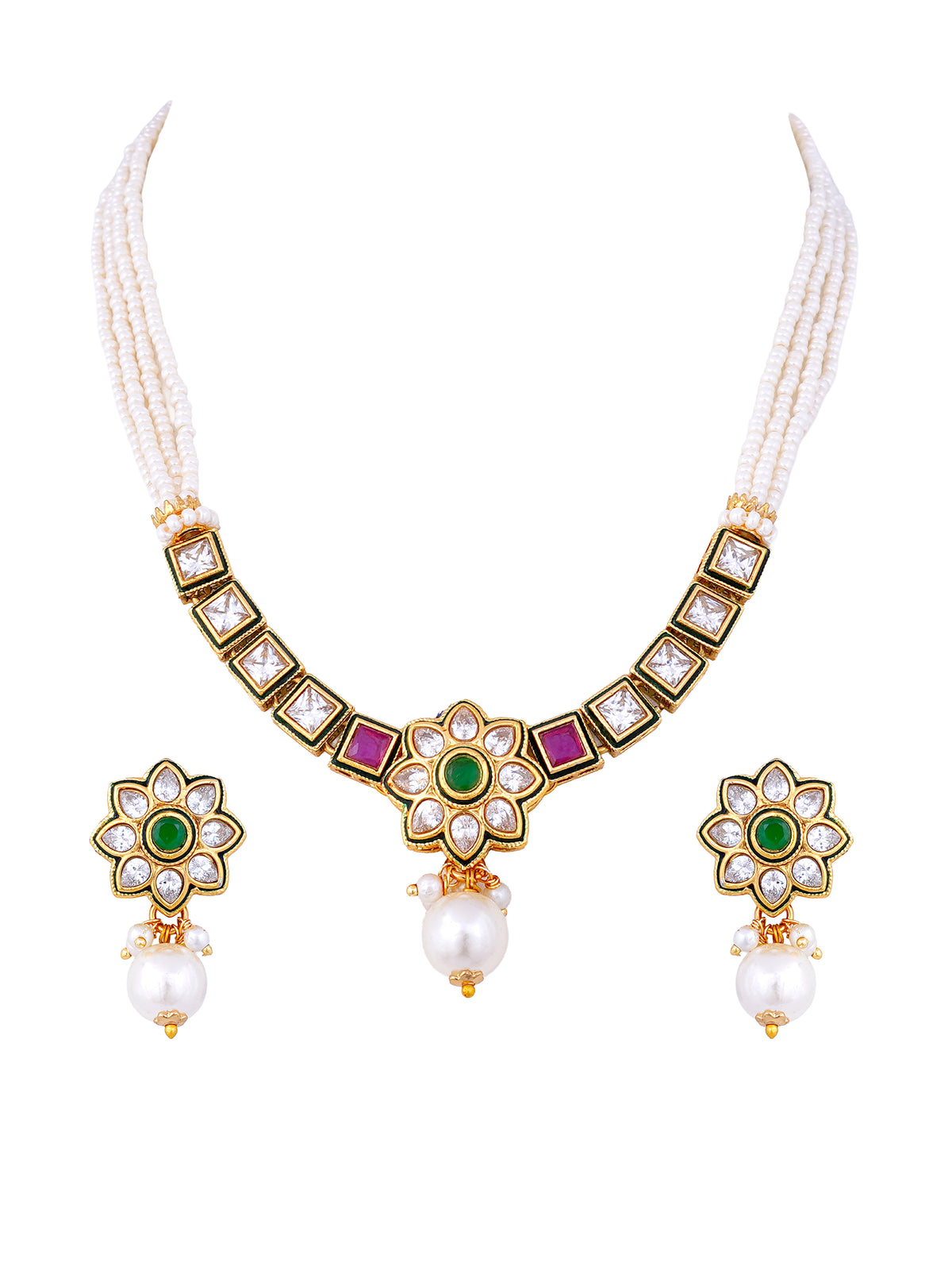 Emerald Ruby Kundan Polki Pearl Necklace Set