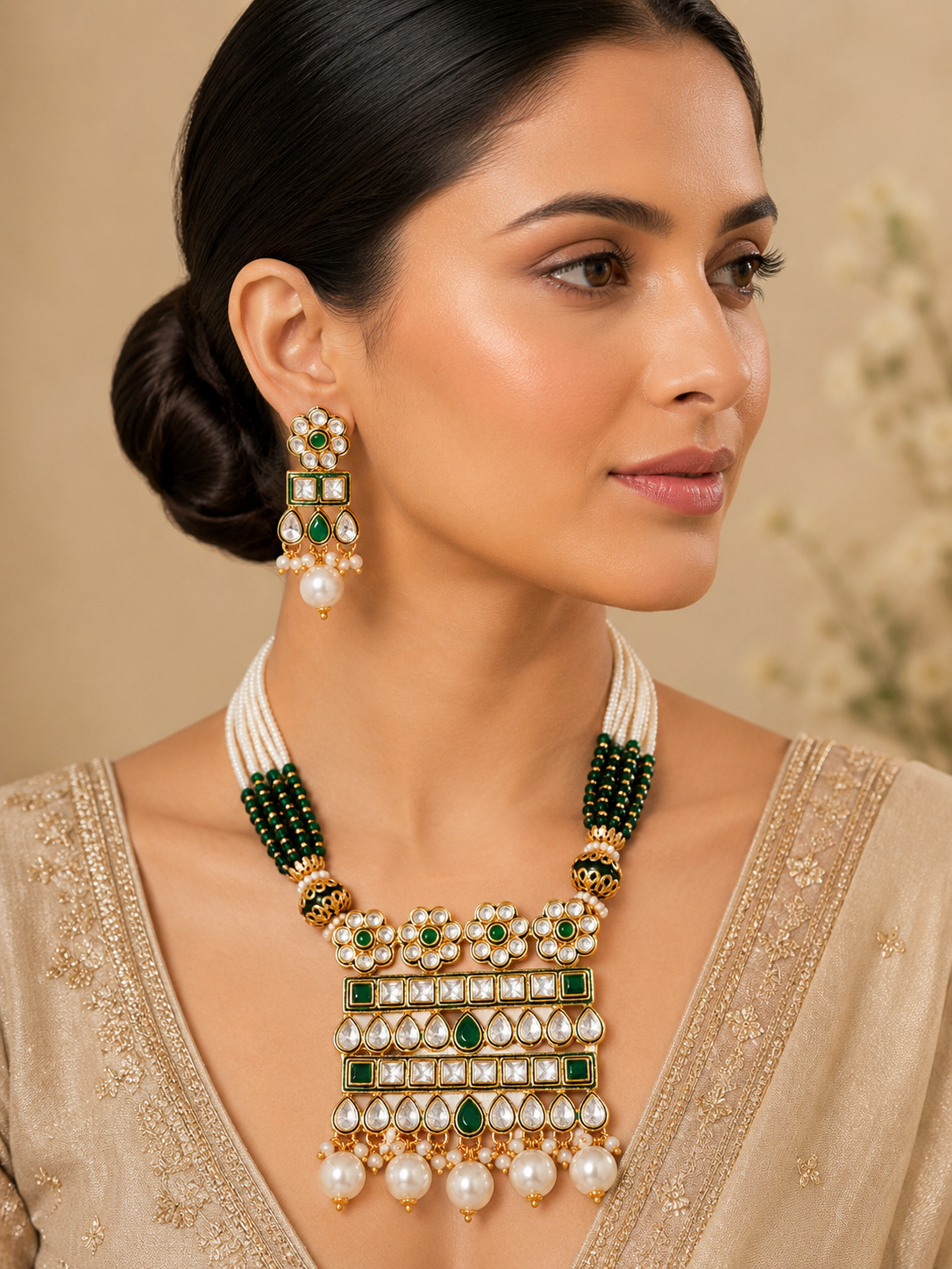 Emerald Green Pearl Kundan Polki Necklace Set
