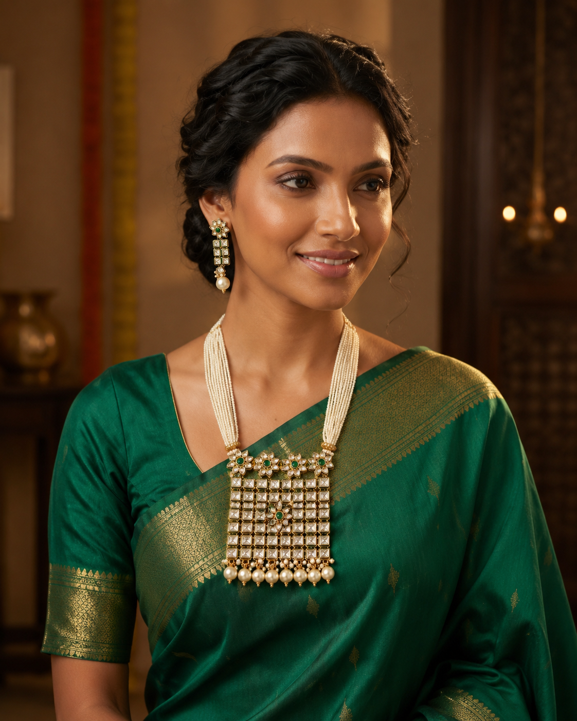Emerald Royal Kundan Pearl Mala Necklace Set