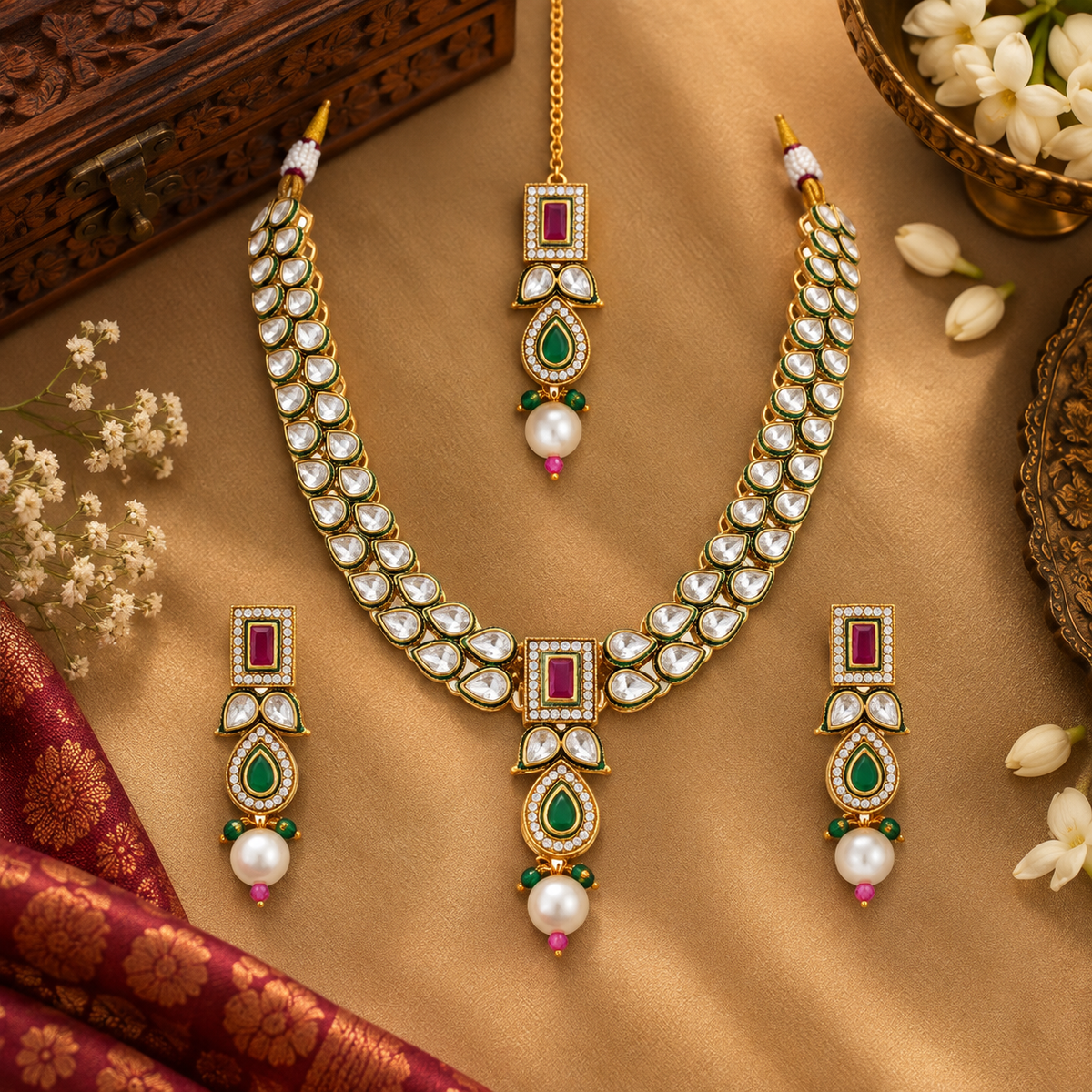 Rajeshwari Emerald Ruby Kundan Necklace Set