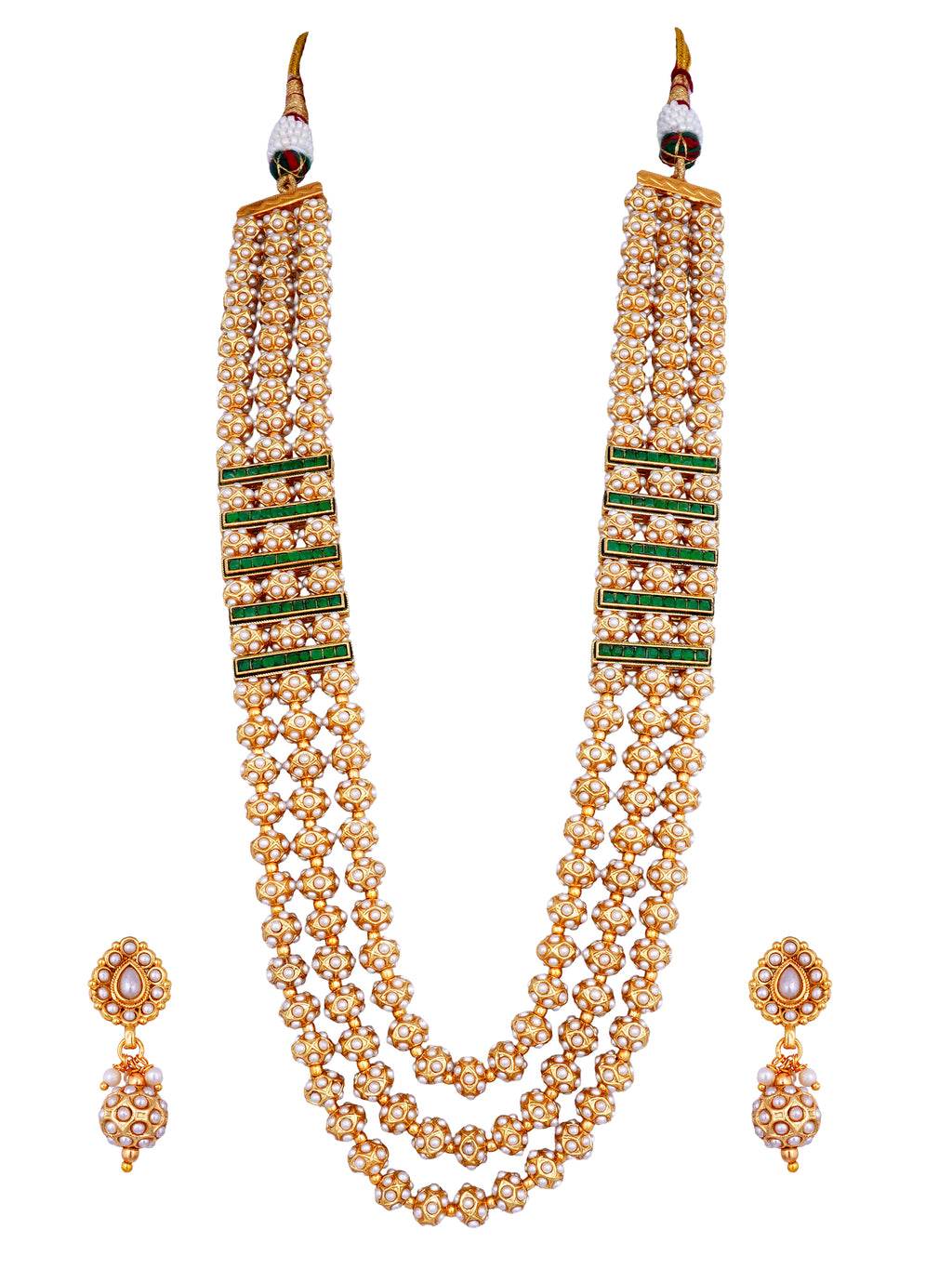 Meenakshi Emerald Pearl Three-Layer Necklace Set