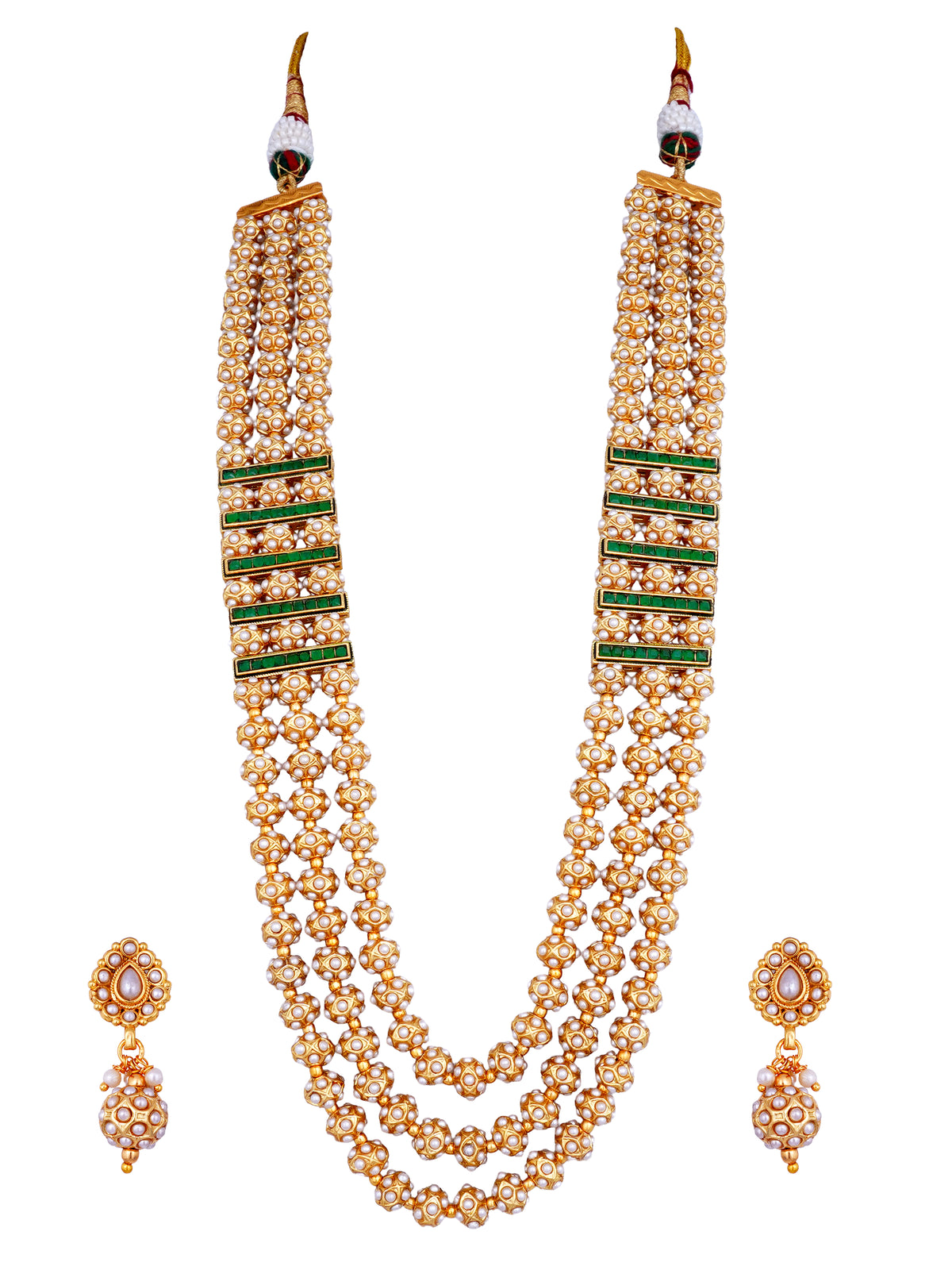 Meenakshi Emerald Pearl Three-Layer Necklace Set