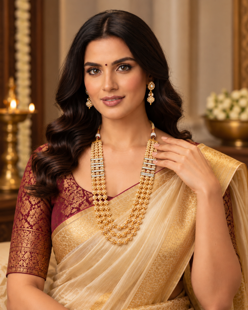 Aaradhya Pearl & Crystal Three-Layer Necklace Set