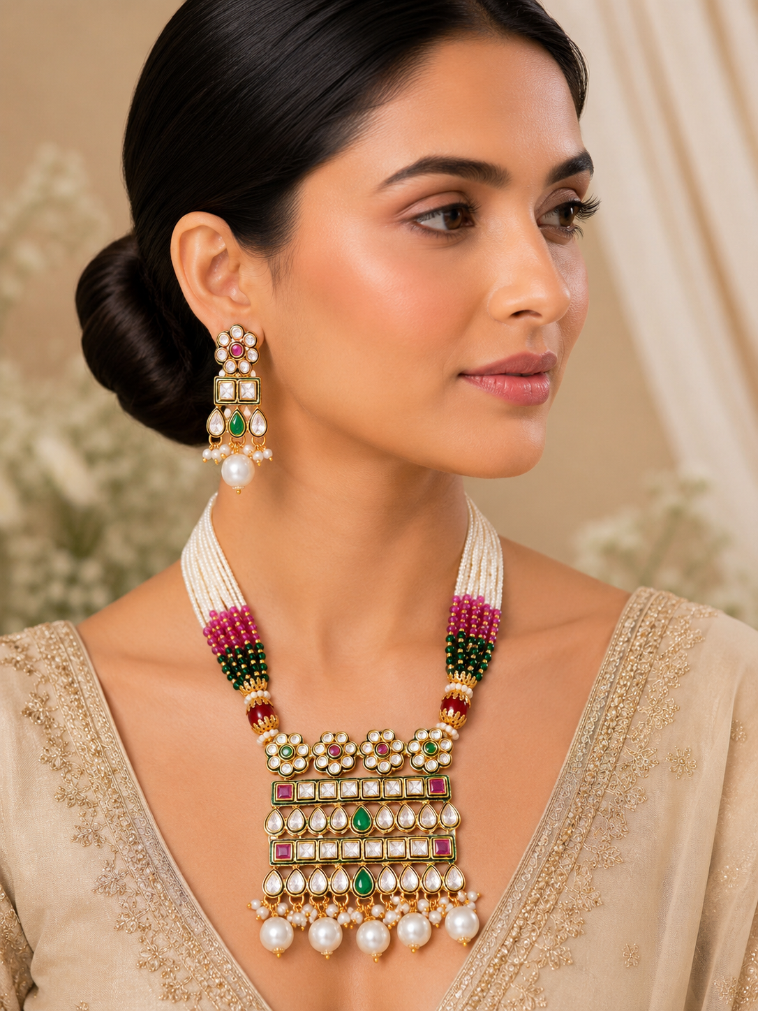 Multicolor Pearl Kundan Polki Necklace Set