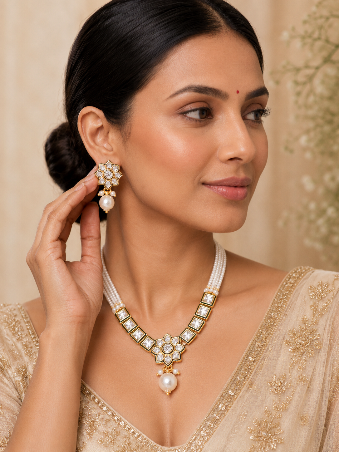 Classic Pearl Kundan Polki Necklace Set