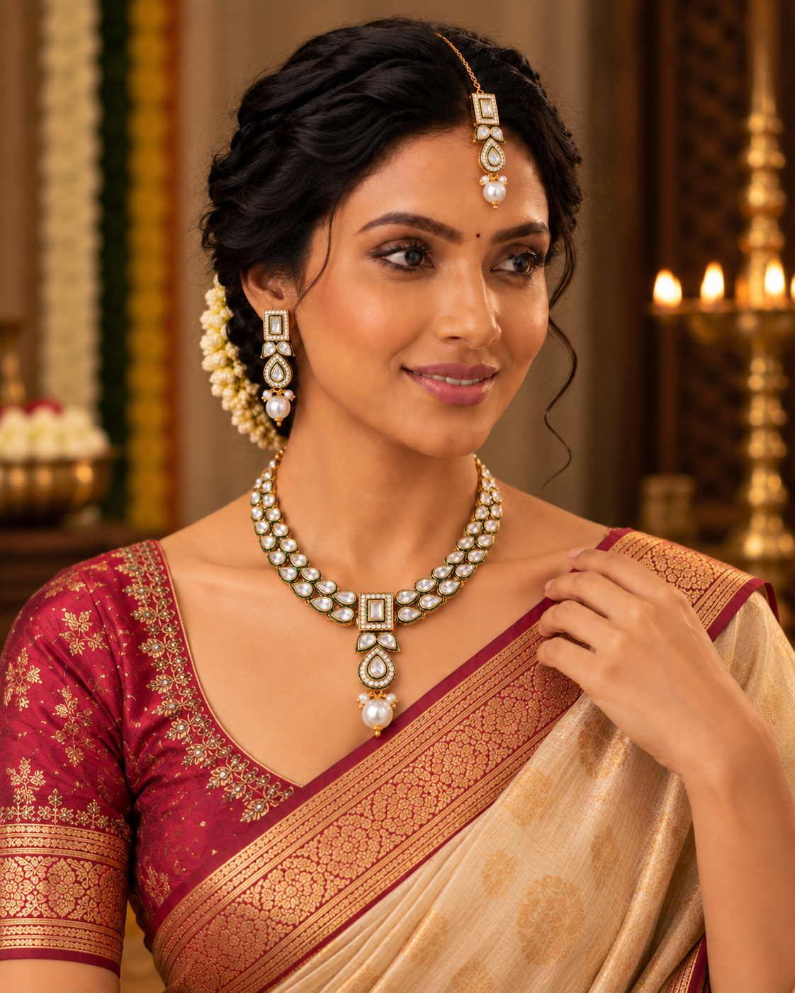 Nandini Pearl & Emerald Kundan Necklace Set