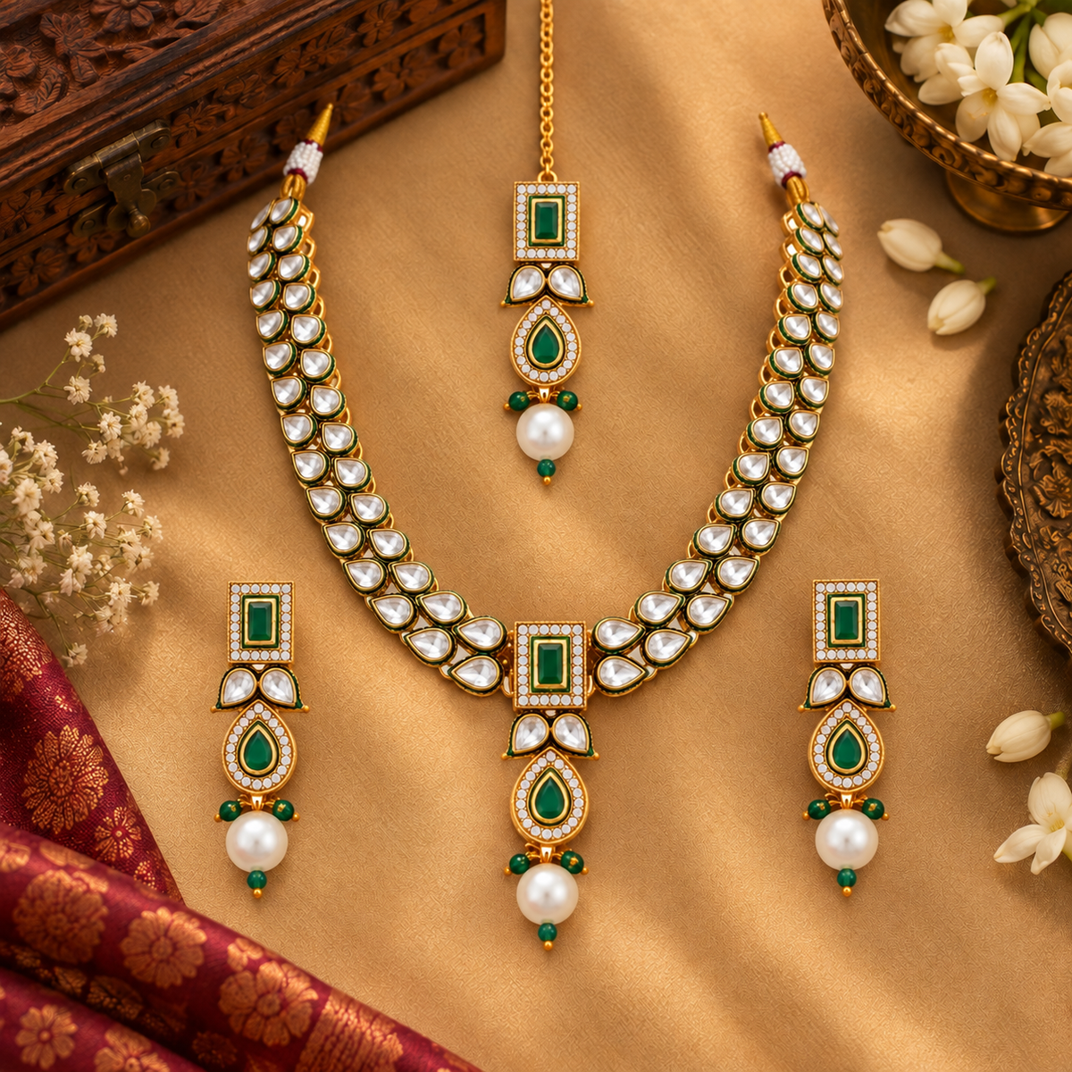Vasundhara Emerald Kundan Pearl Necklace Set