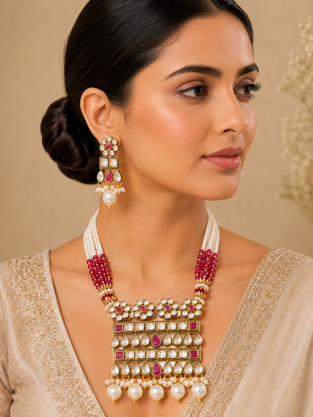 Ruby Pink Pearl Kundan Polki Necklace Set