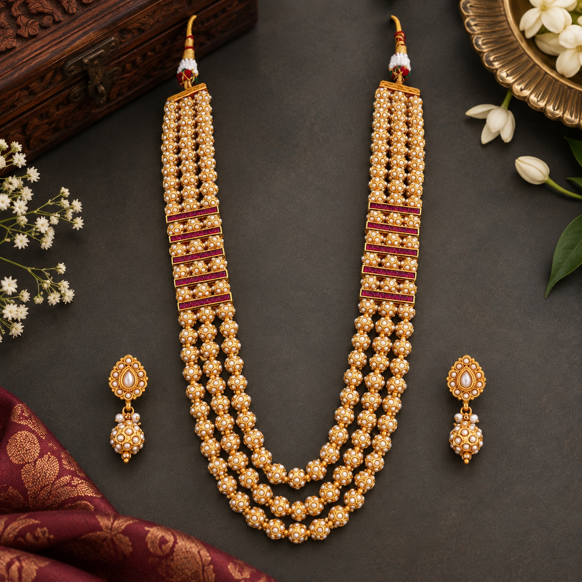 Rajvansh Pearl Elegance Three-Layer Necklace Set