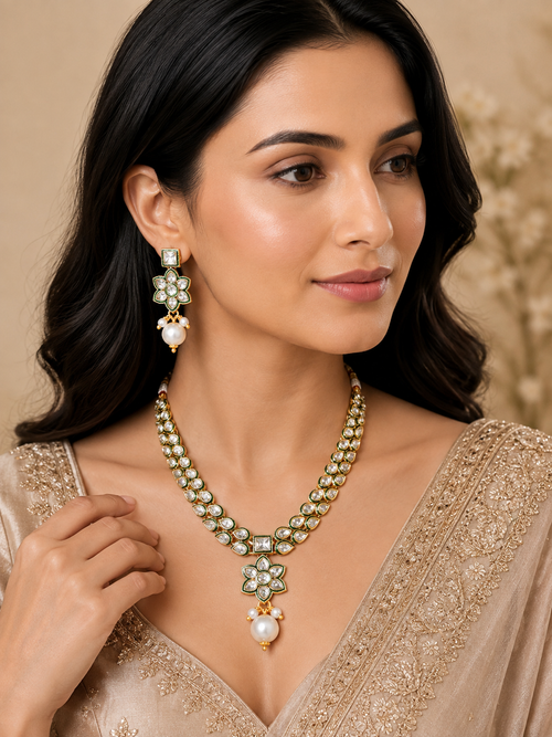 Classic White Kundan Polki Pearl Necklace Set