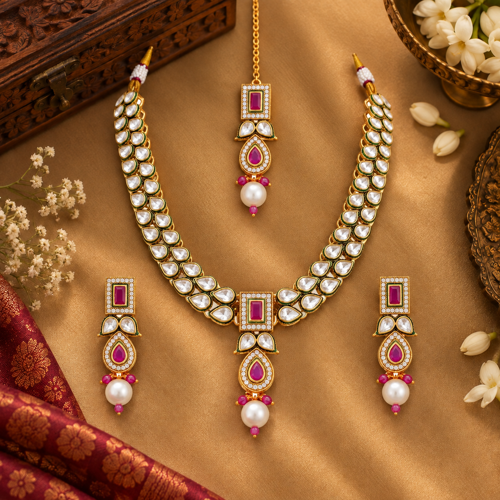 Kavya Ruby Pearl Kundan Necklace Set