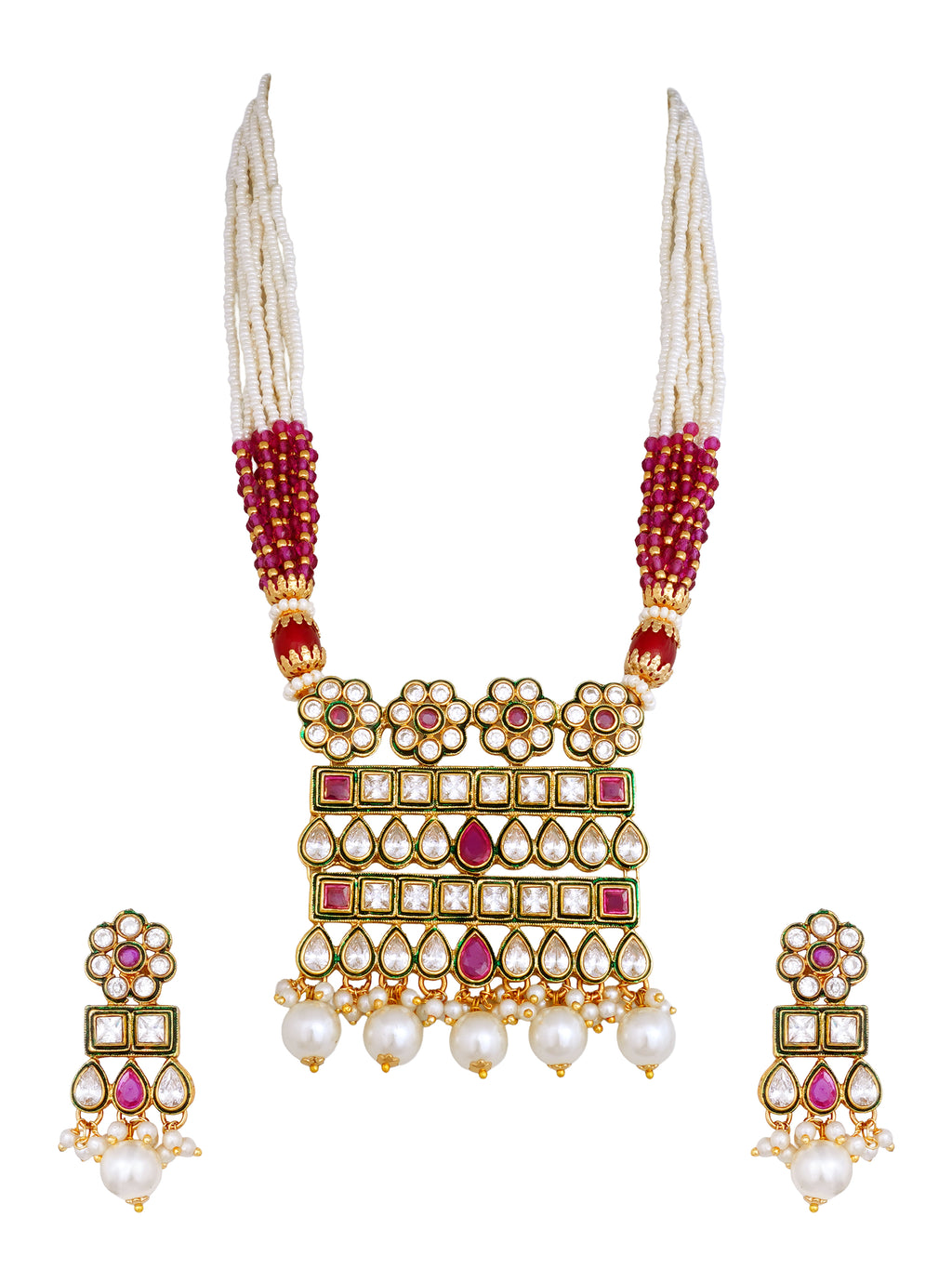 Ruby Pink Pearl Kundan Polki Necklace Set