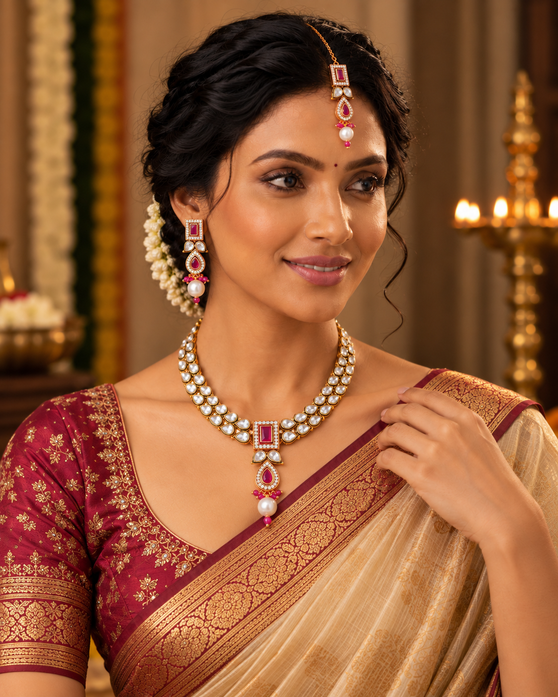 Kavya Ruby Pearl Kundan Necklace Set