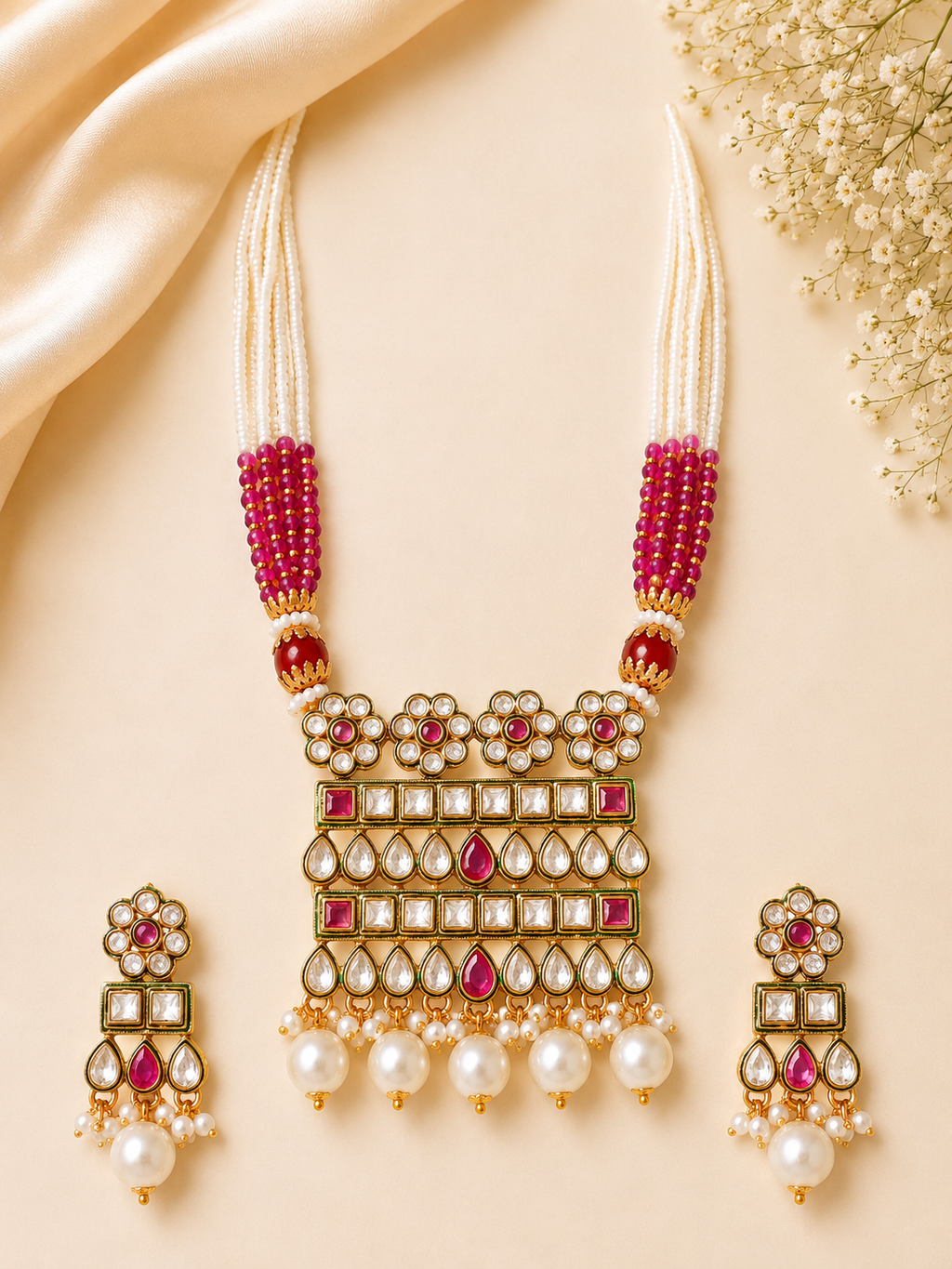 Ruby Pink Pearl Kundan Polki Necklace Set