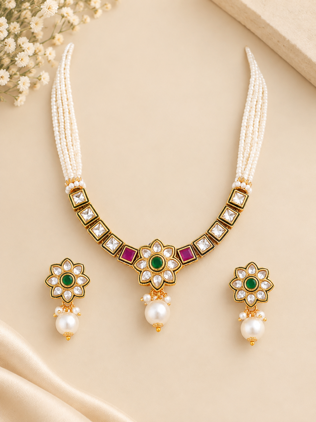 Emerald Ruby Kundan Polki Pearl Necklace Set