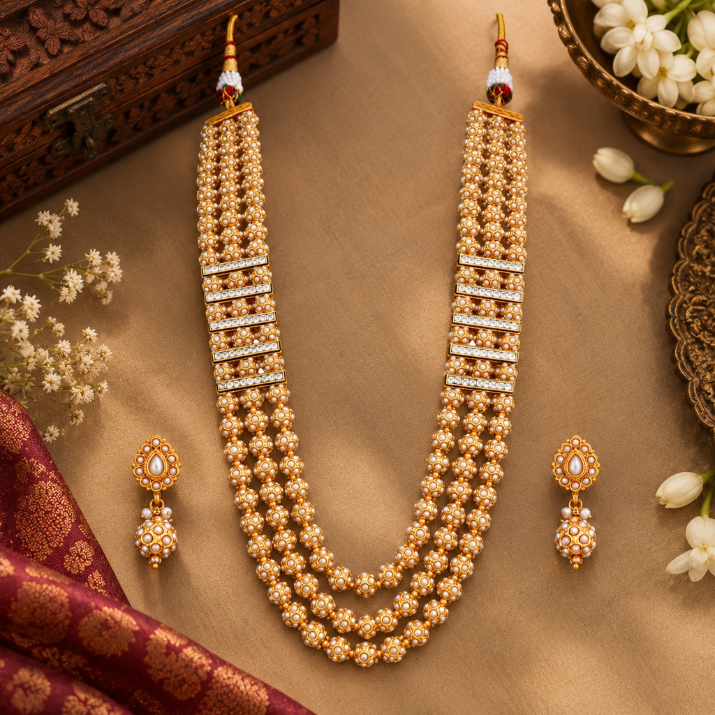 Aaradhya Pearl & Crystal Three-Layer Necklace Set