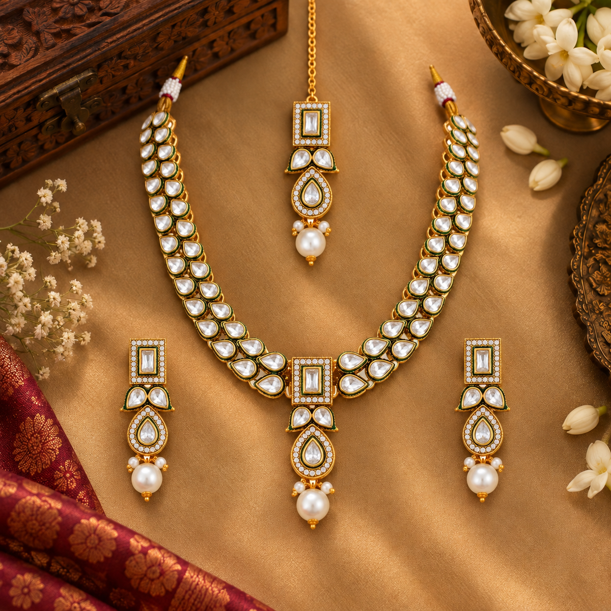 Nandini Pearl & Emerald Kundan Necklace Set