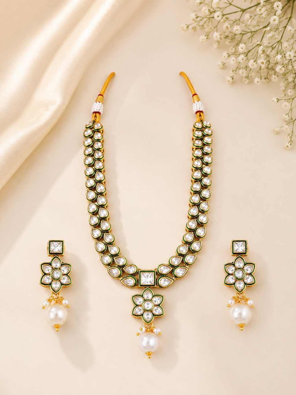 Classic White Kundan Polki Pearl Necklace Set