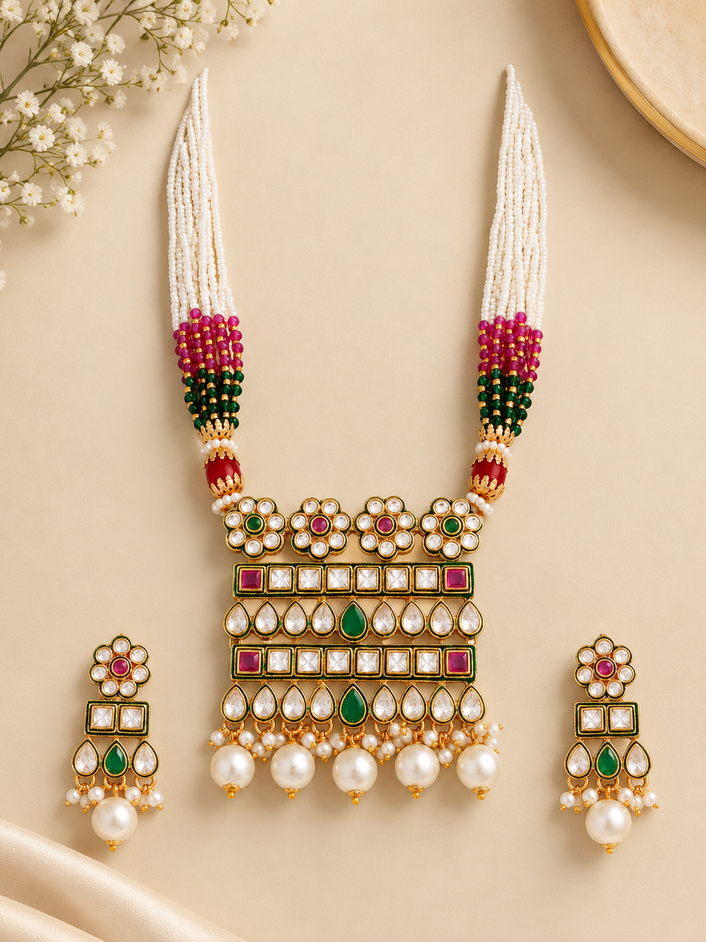 Multicolor Pearl Kundan Polki Necklace Set