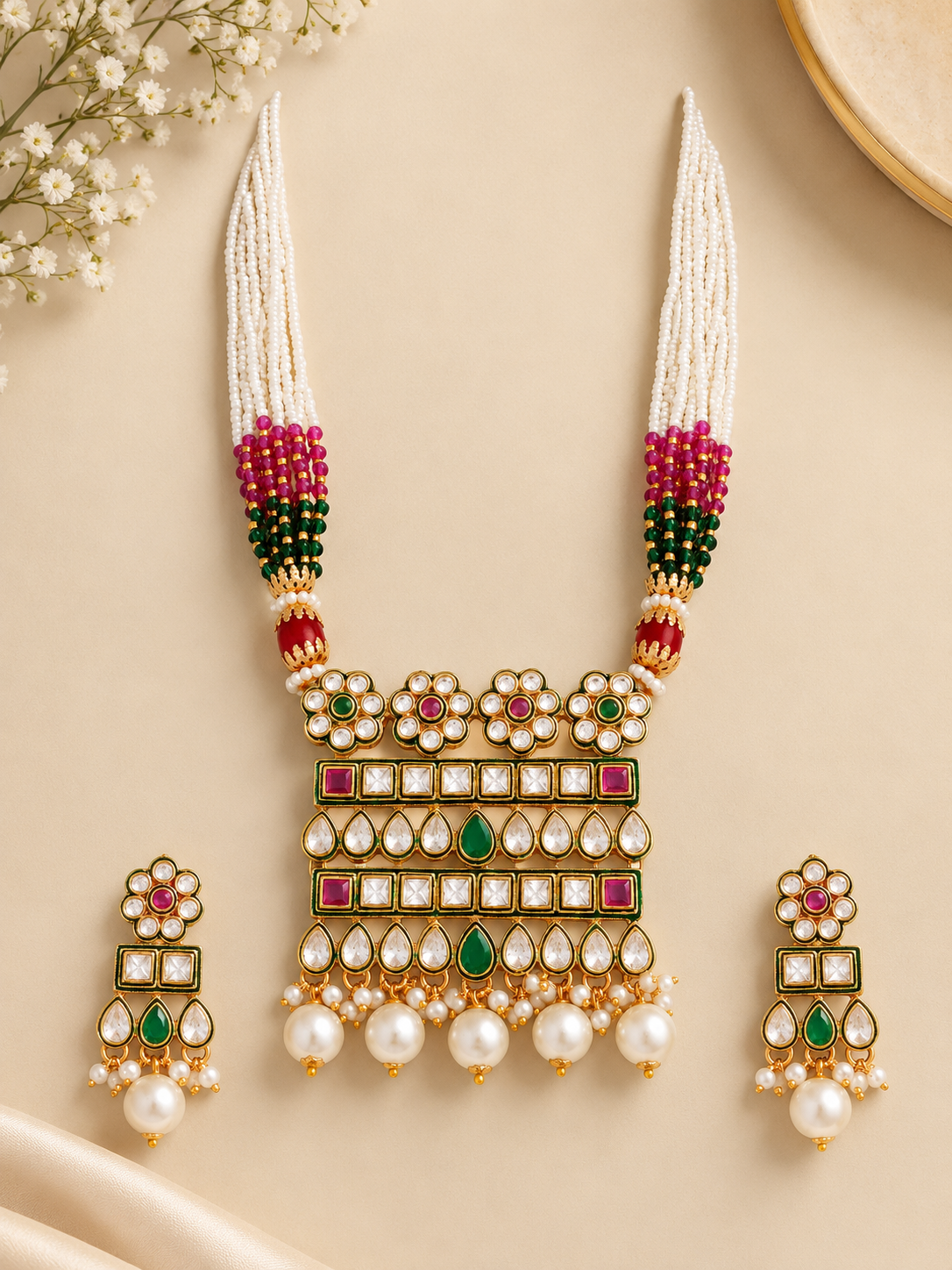 Multicolor Pearl Kundan Polki Necklace Set