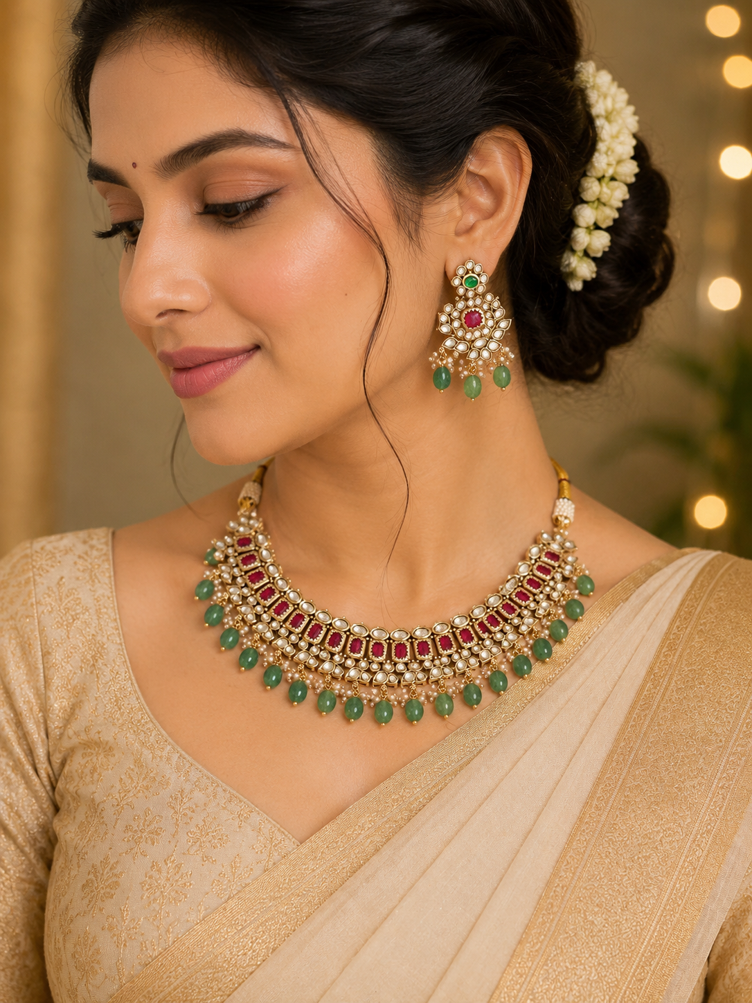 Green Bead Kundan Necklace