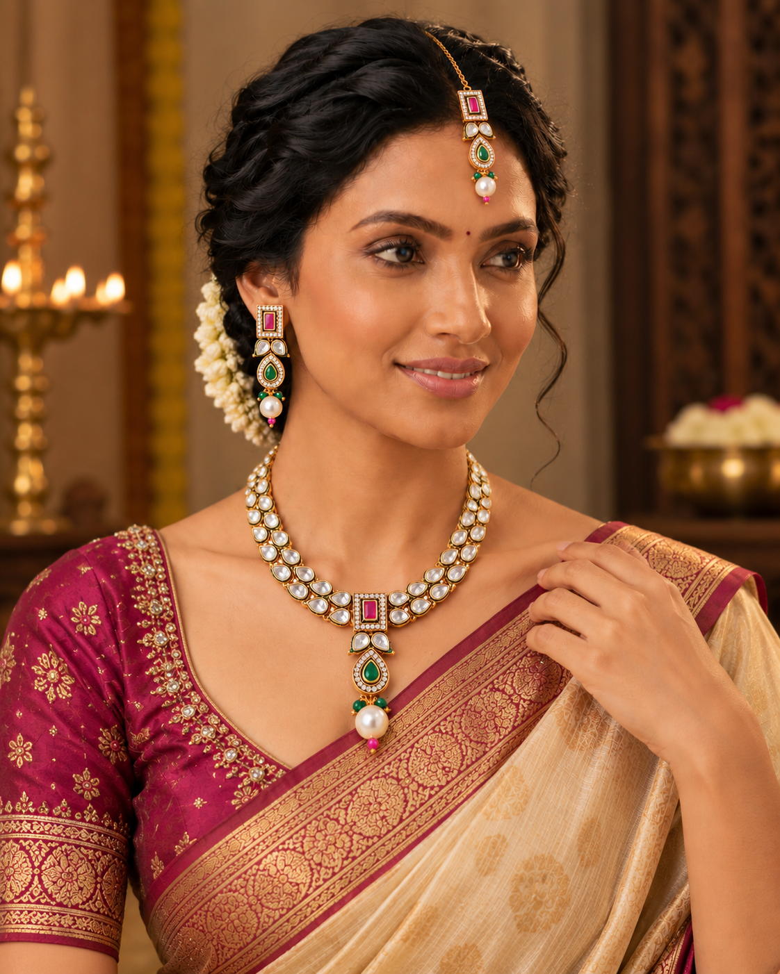 Rajeshwari Emerald Ruby Kundan Necklace Set