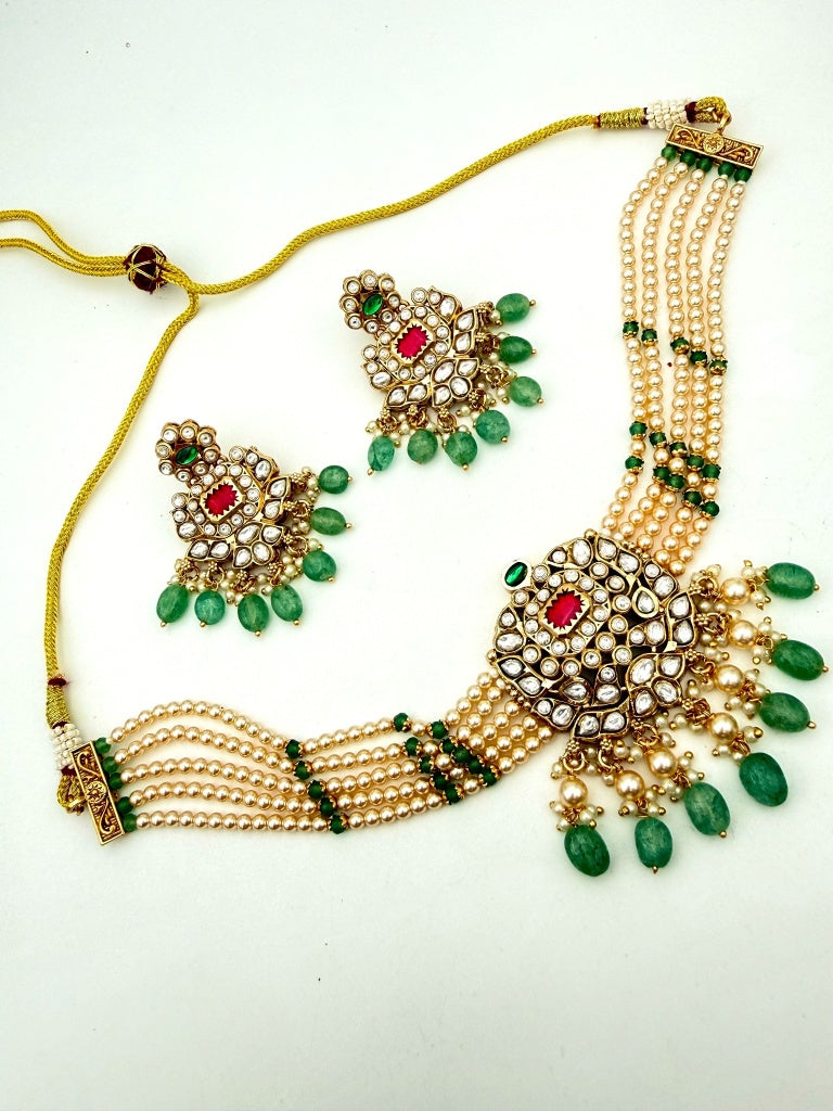Traditional Green Beaded Kundan Necklace