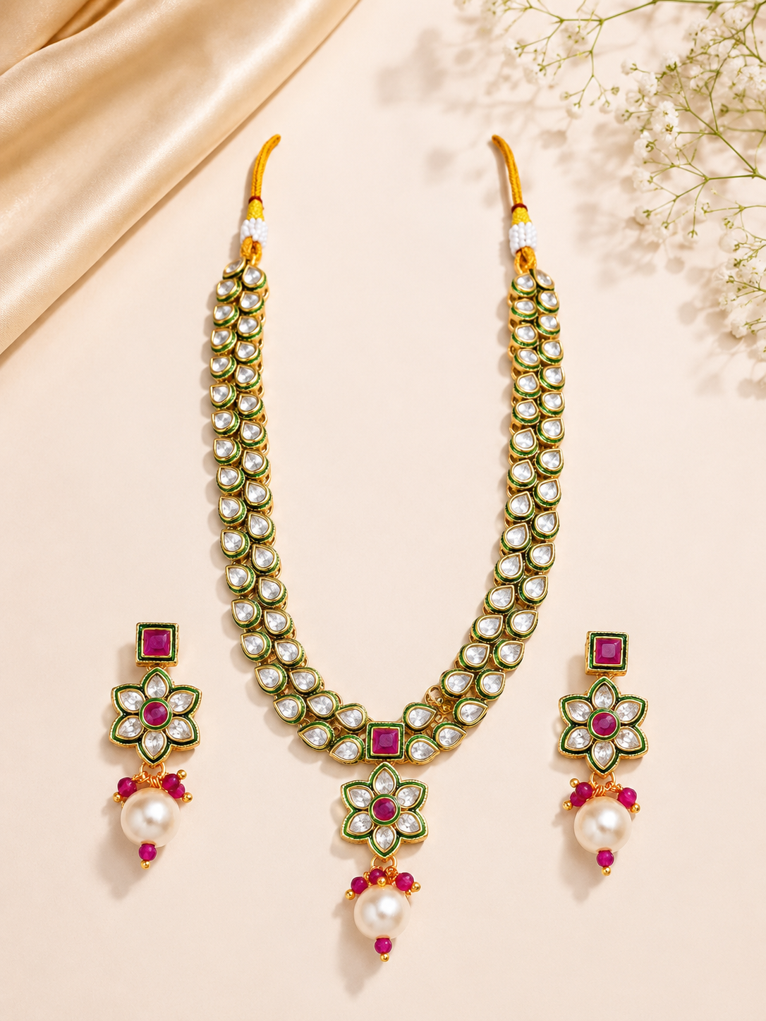 Ruby Pink Kundan Polki Necklace Set