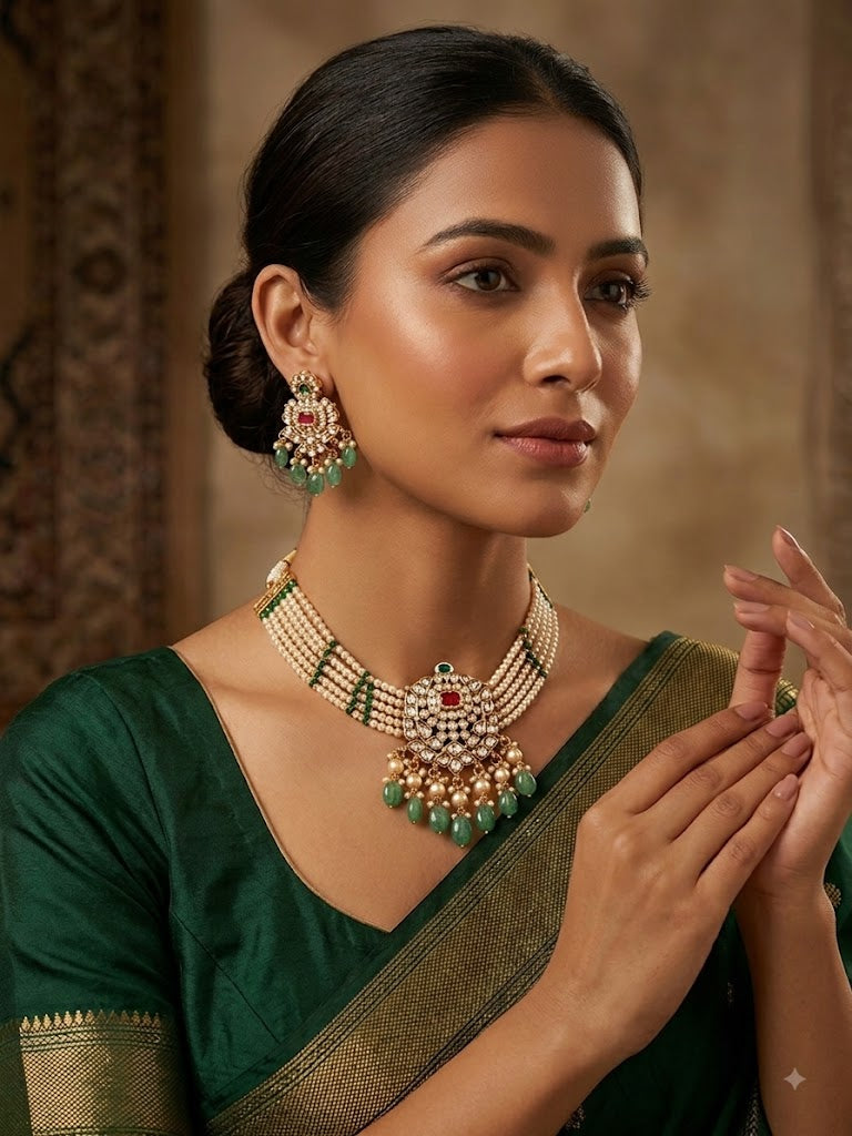 Traditional Green Beaded Kundan Necklace