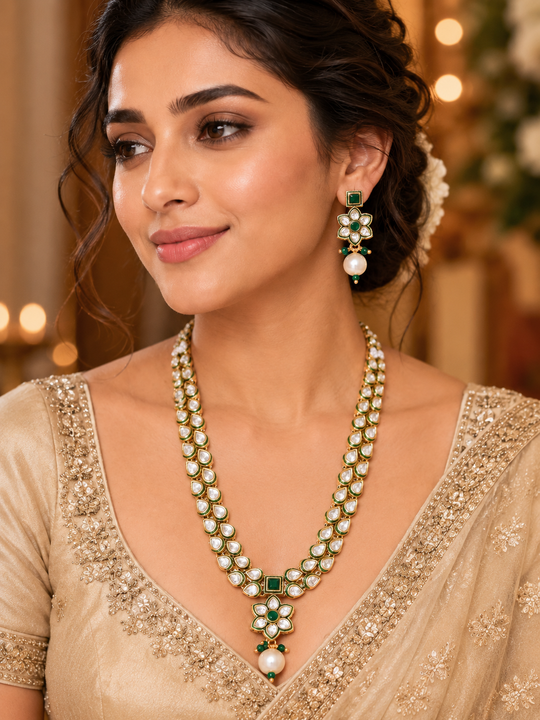Emerald Green Kundan Polki Necklace Set