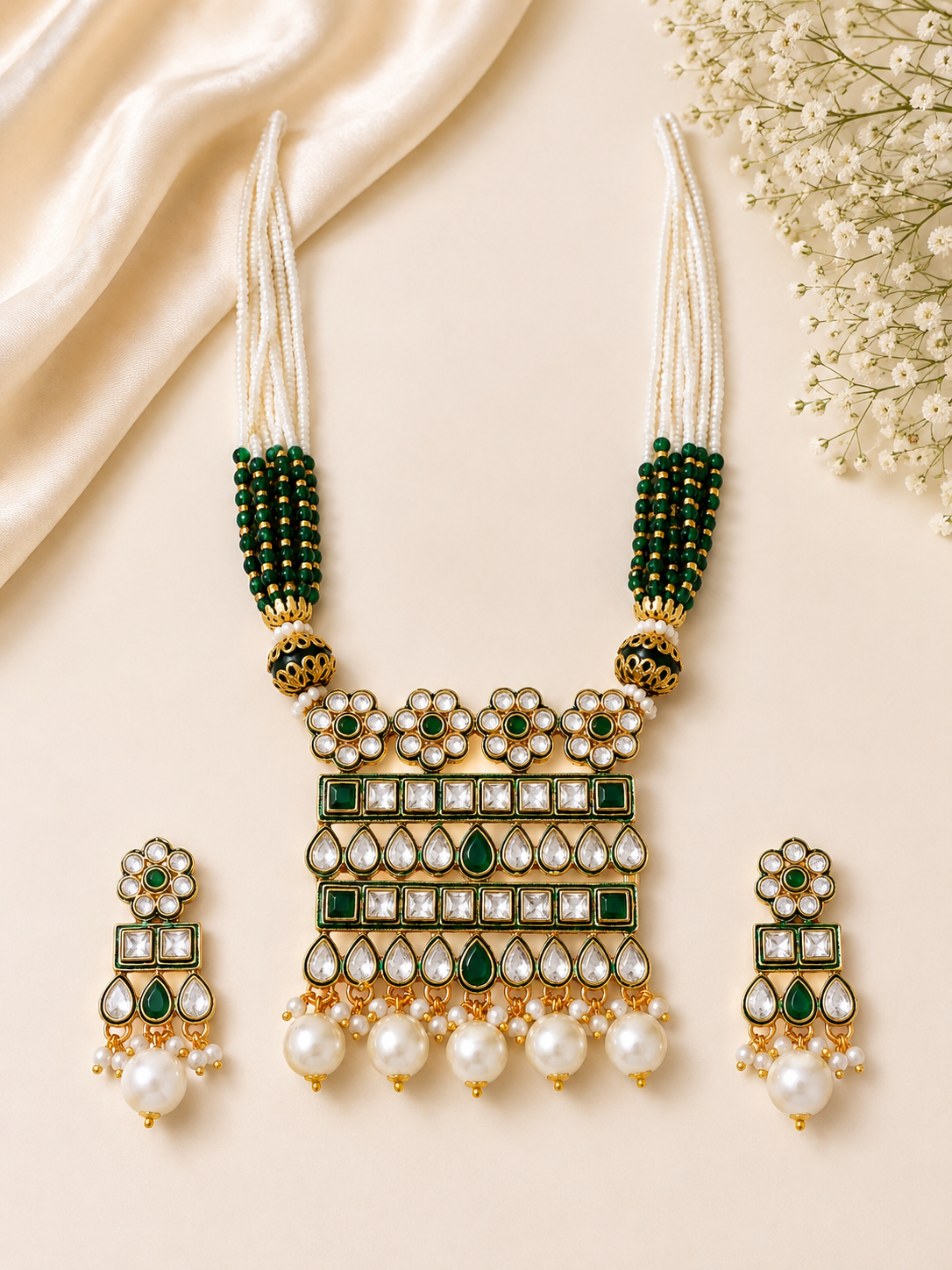 Emerald Green Pearl Kundan Polki Necklace Set