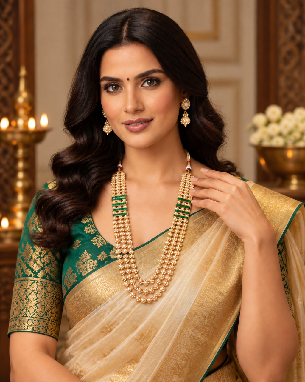 Meenakshi Emerald Pearl Three-Layer Necklace Set