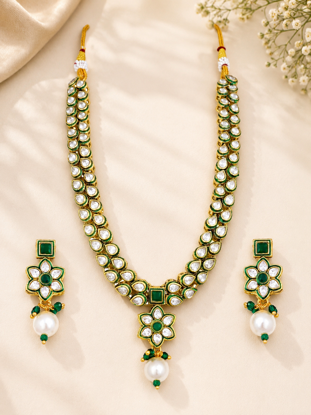 Emerald Green Kundan Polki Necklace Set