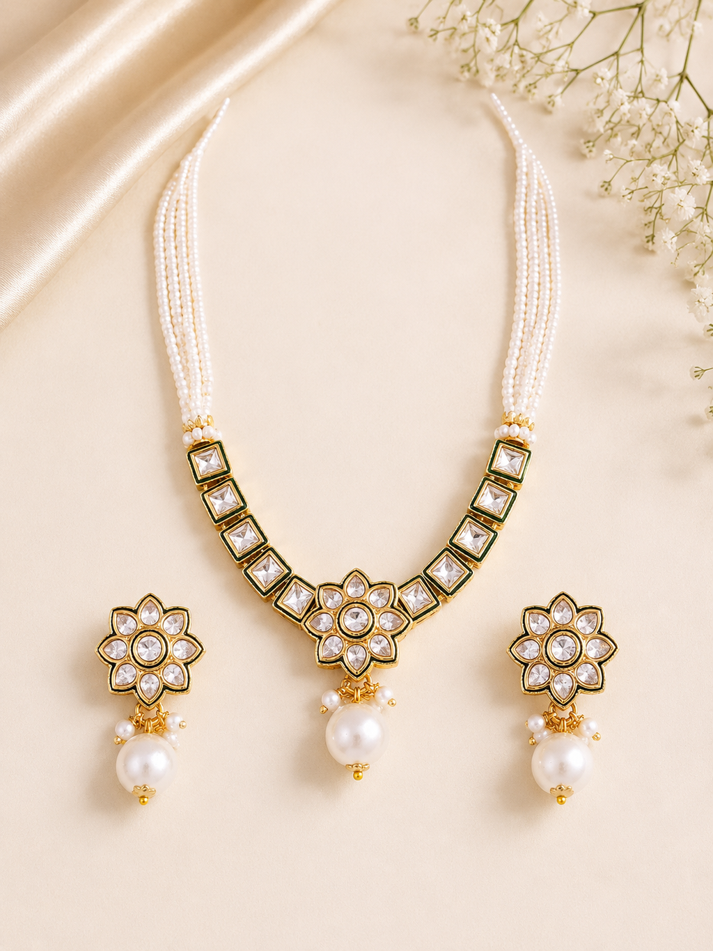 Classic Pearl Kundan Polki Necklace Set