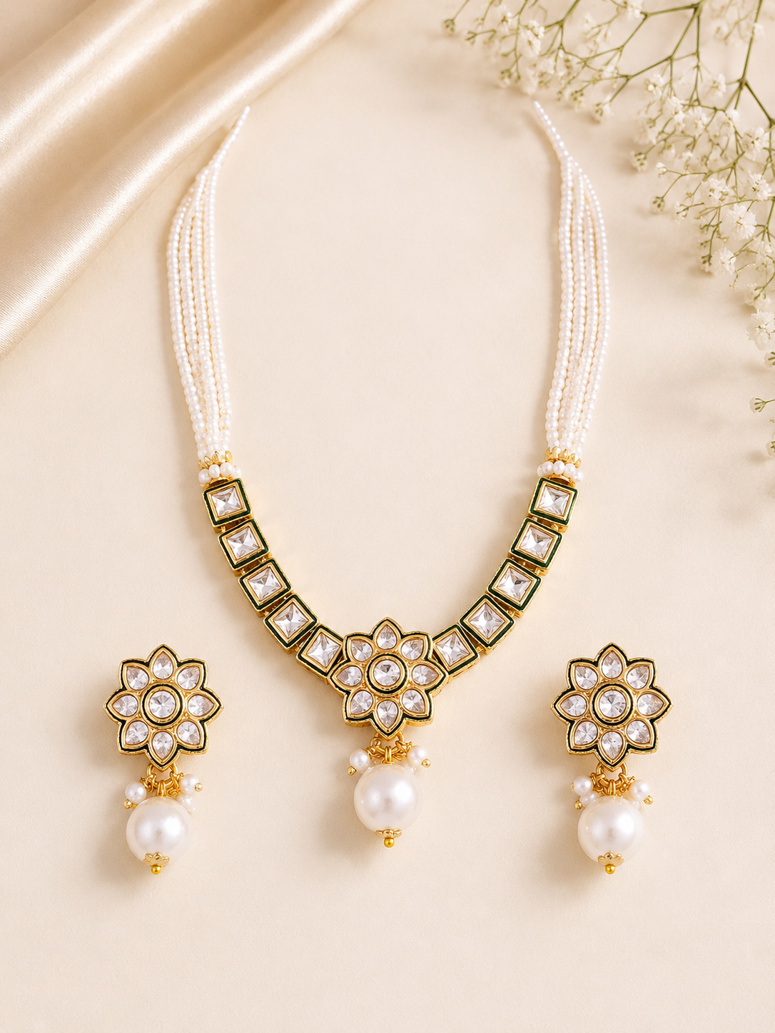 Classic Pearl Kundan Polki Necklace Set